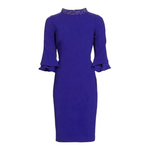 Teri Jon Blue Tulip Sleeve Crepe Cocktail Dress Size 16 - Picture 3 of 12